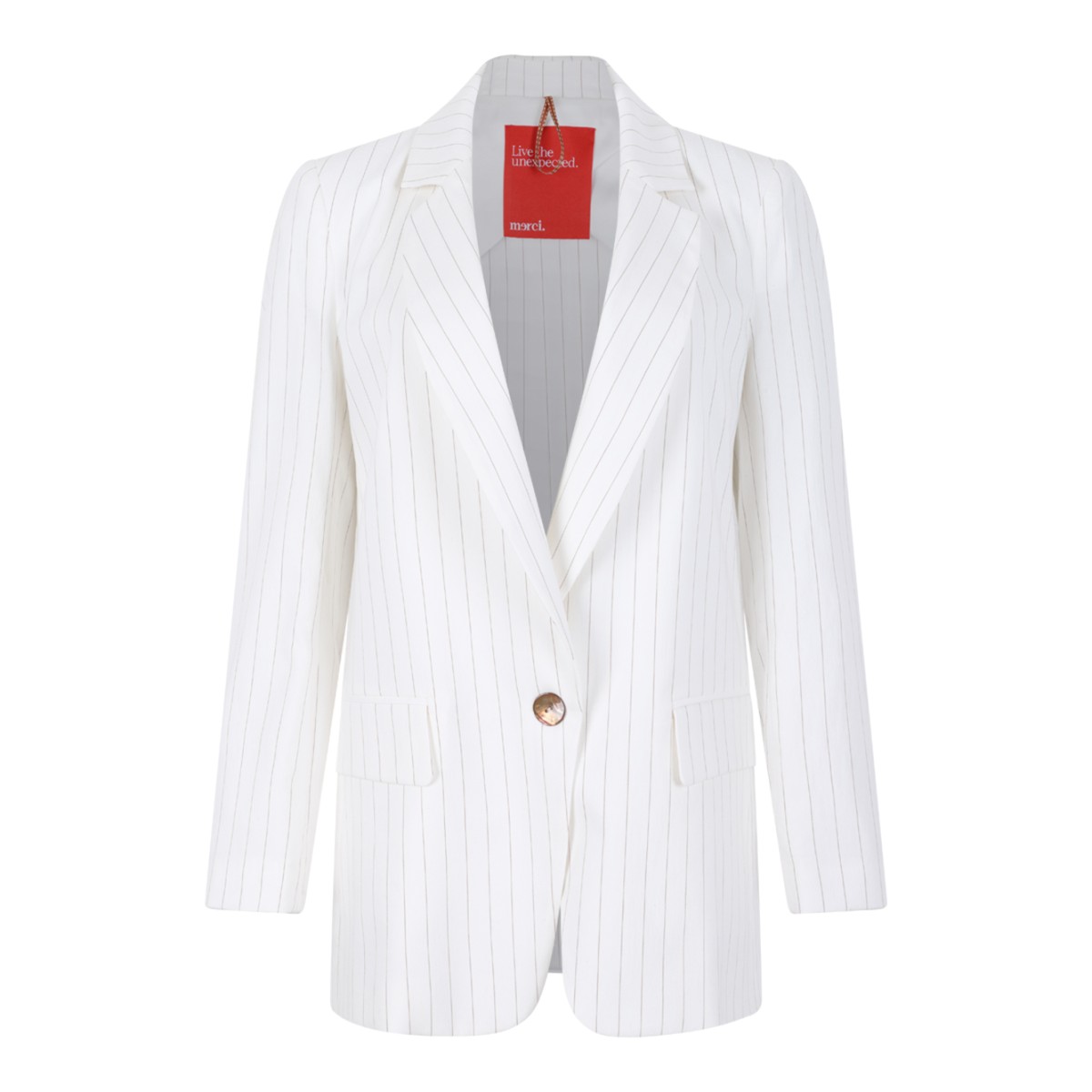Merci White Pinstripe Single-Breasted Blazer.