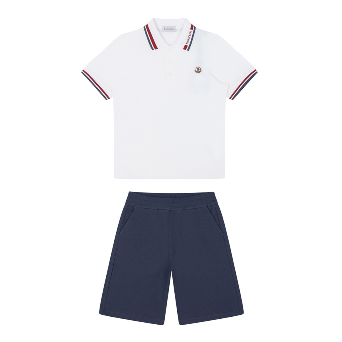 Moncler White Polo and Navy Shorts Set.