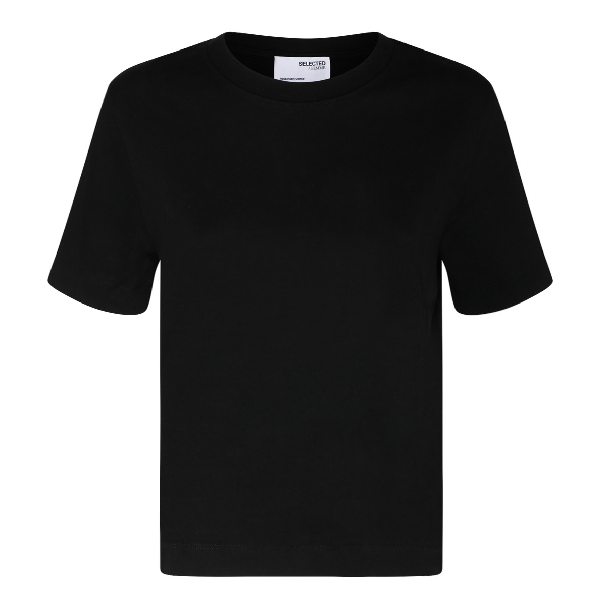 Selected Black Cotton Crew Neck T-Shirt.