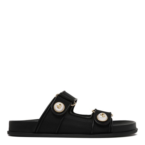 Jimmy Choo Black Leather Double Strap Slides with Pearl Detail.