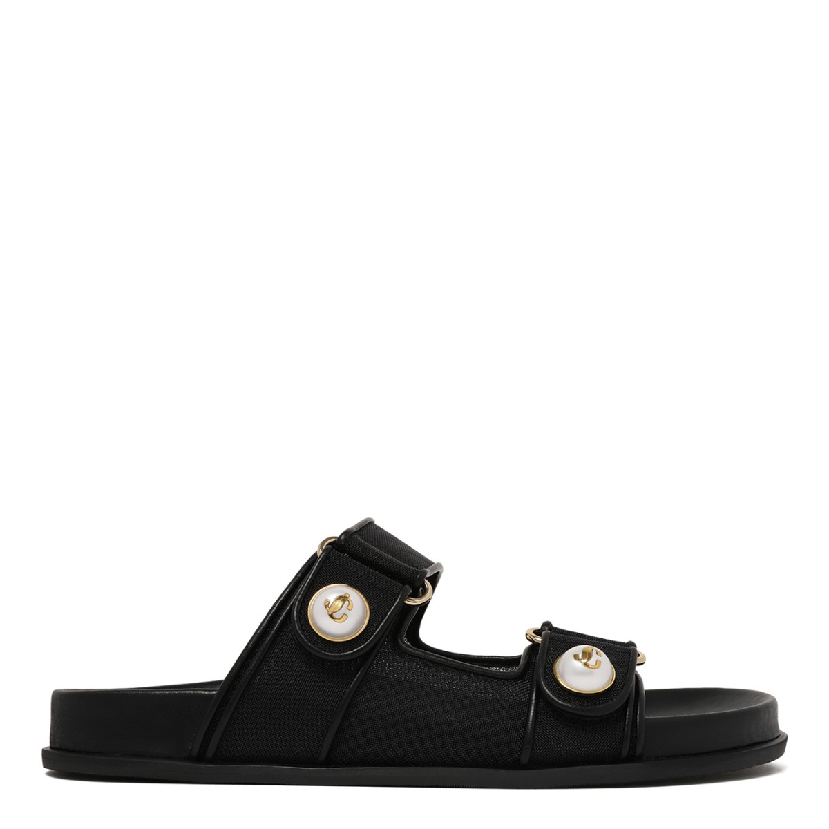 Jimmy Choo Black Leather Double Strap Slides with Pearl Detail.