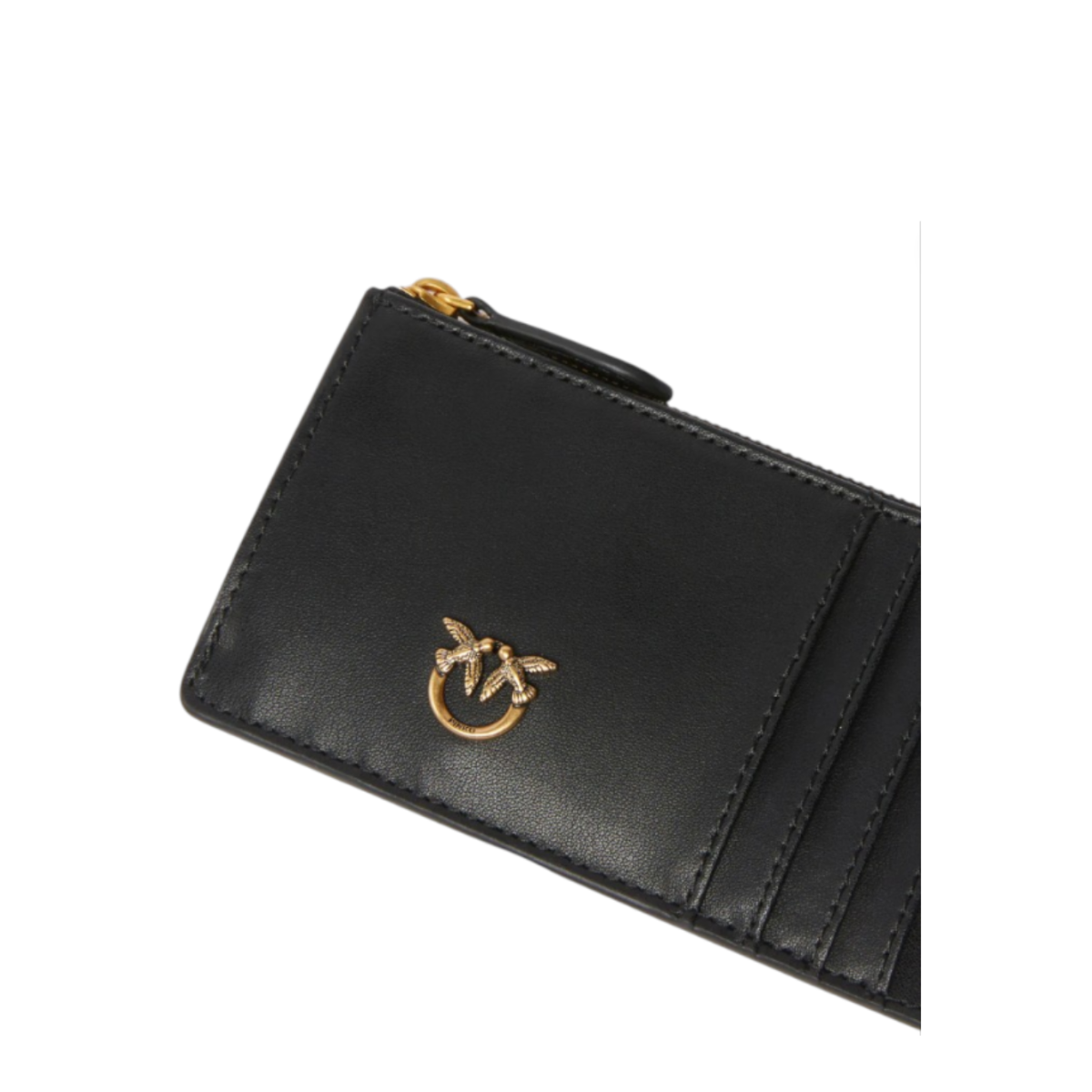 Pinko Black Leather Zip Card Holder with Love Birds Detail.