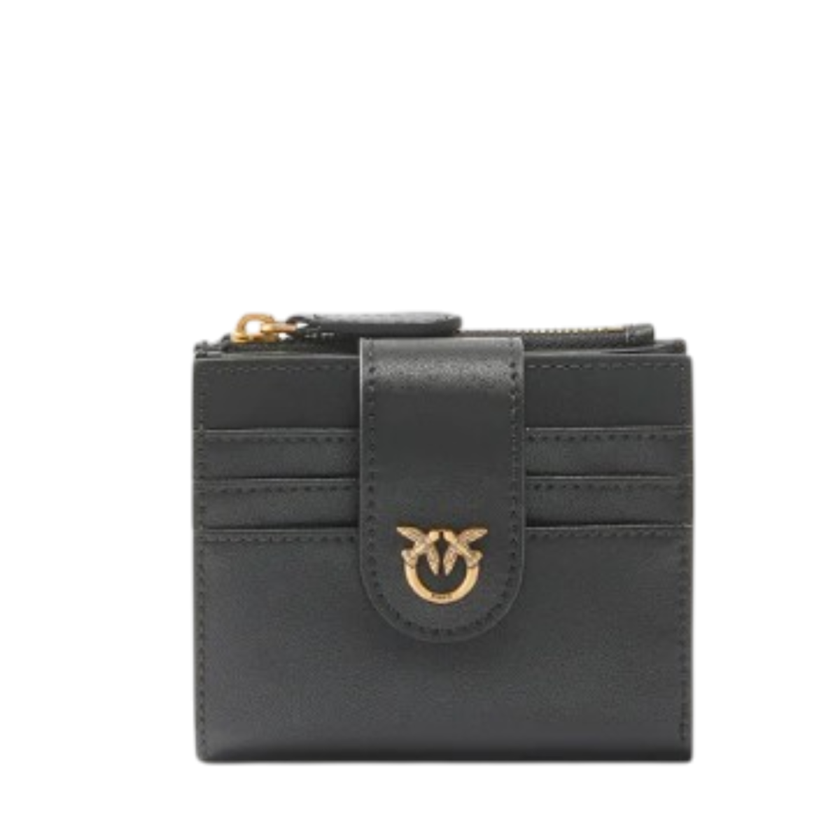 Pinko Black Leather Card Holder with Flap and Love Birds Detail.