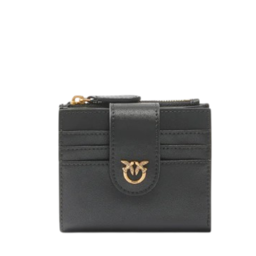 Pinko Black Leather Card Holder with Flap and Love Birds Detail.