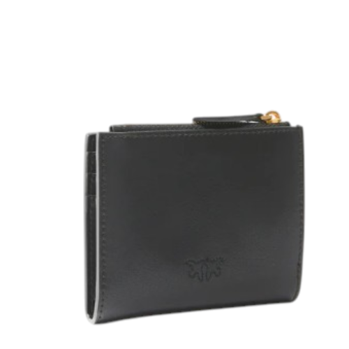 Pinko Black Leather Card Holder with Flap and Love Birds Detail.