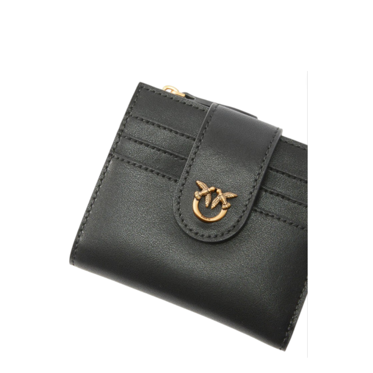Pinko Black Leather Card Holder with Flap and Love Birds Detail.
