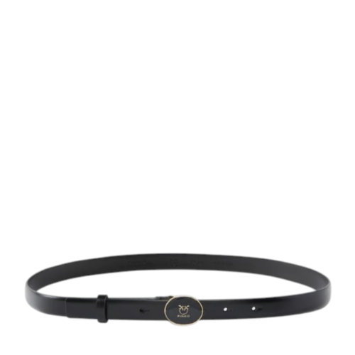 Pinko Black Leather Slim Belt with Logo Detail.
