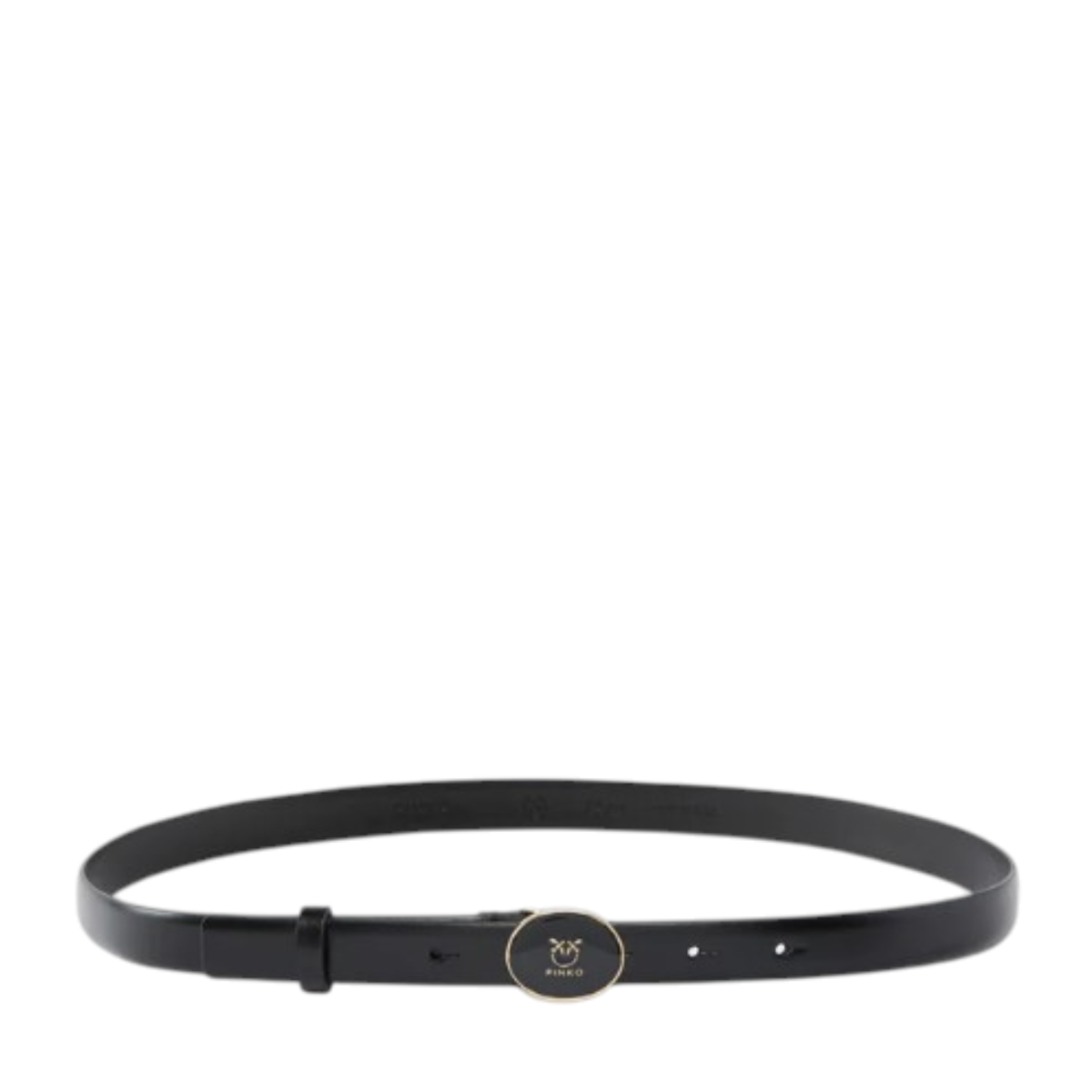 Pinko Black Leather Slim Belt with Logo Detail.
