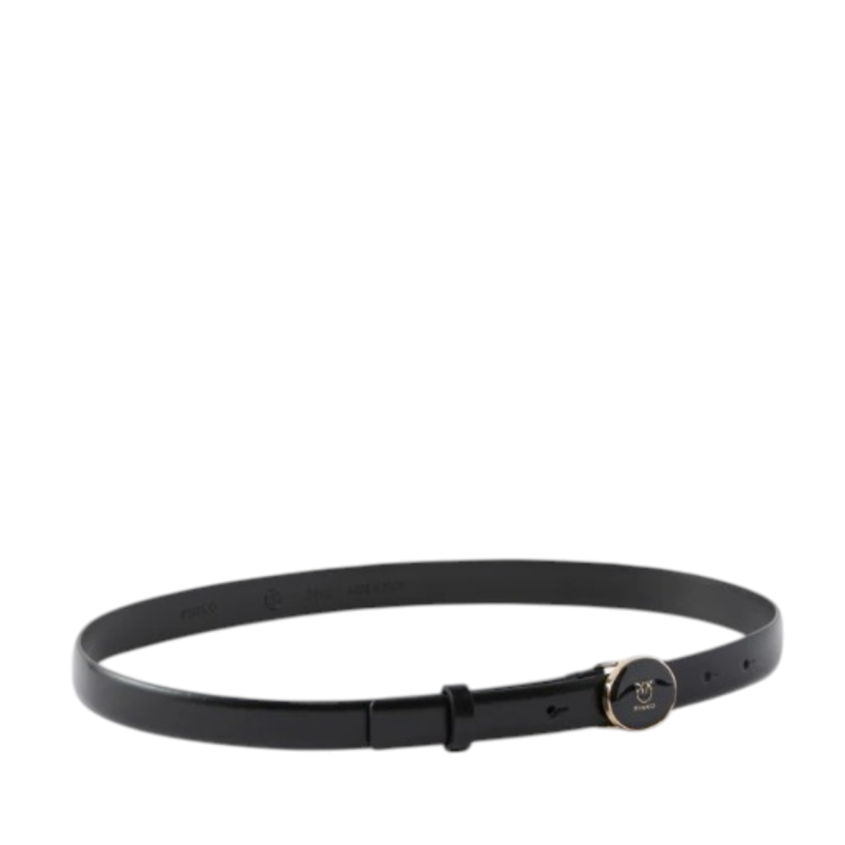 Pinko Black Leather Slim Belt with Logo Detail.