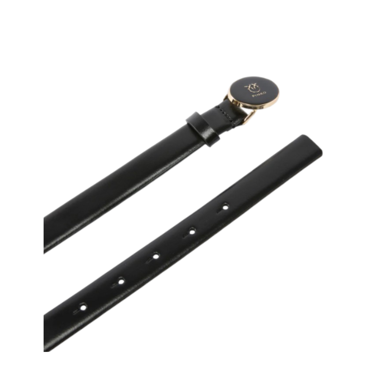 Pinko Black Leather Slim Belt with Logo Detail.