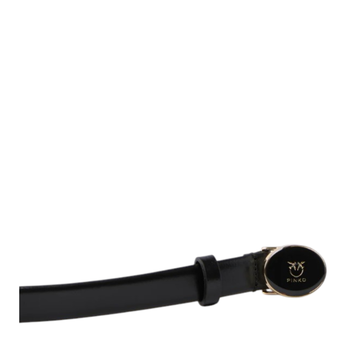 Pinko Black Leather Slim Belt with Logo Detail.