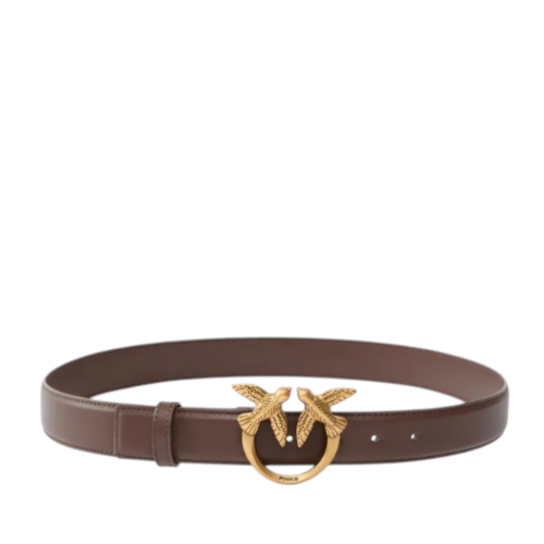 Pinko Brown Leather Belt with Love Birds Buckle.