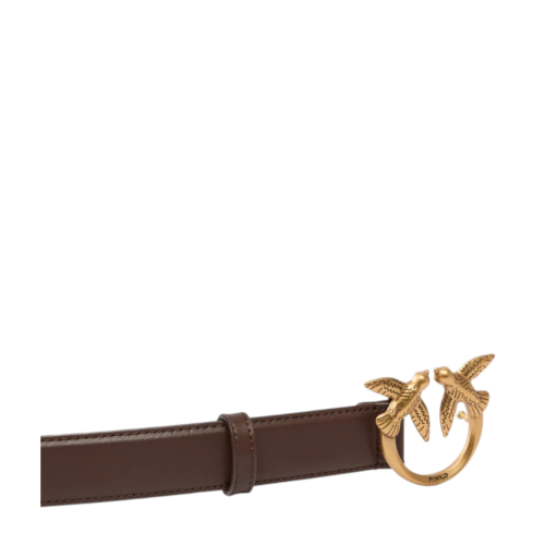 Pinko Brown Leather Belt with Love Birds Buckle.