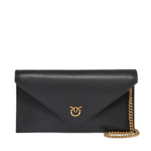 Pinko Black Leather Envelope Clutch with Chain Strap.
