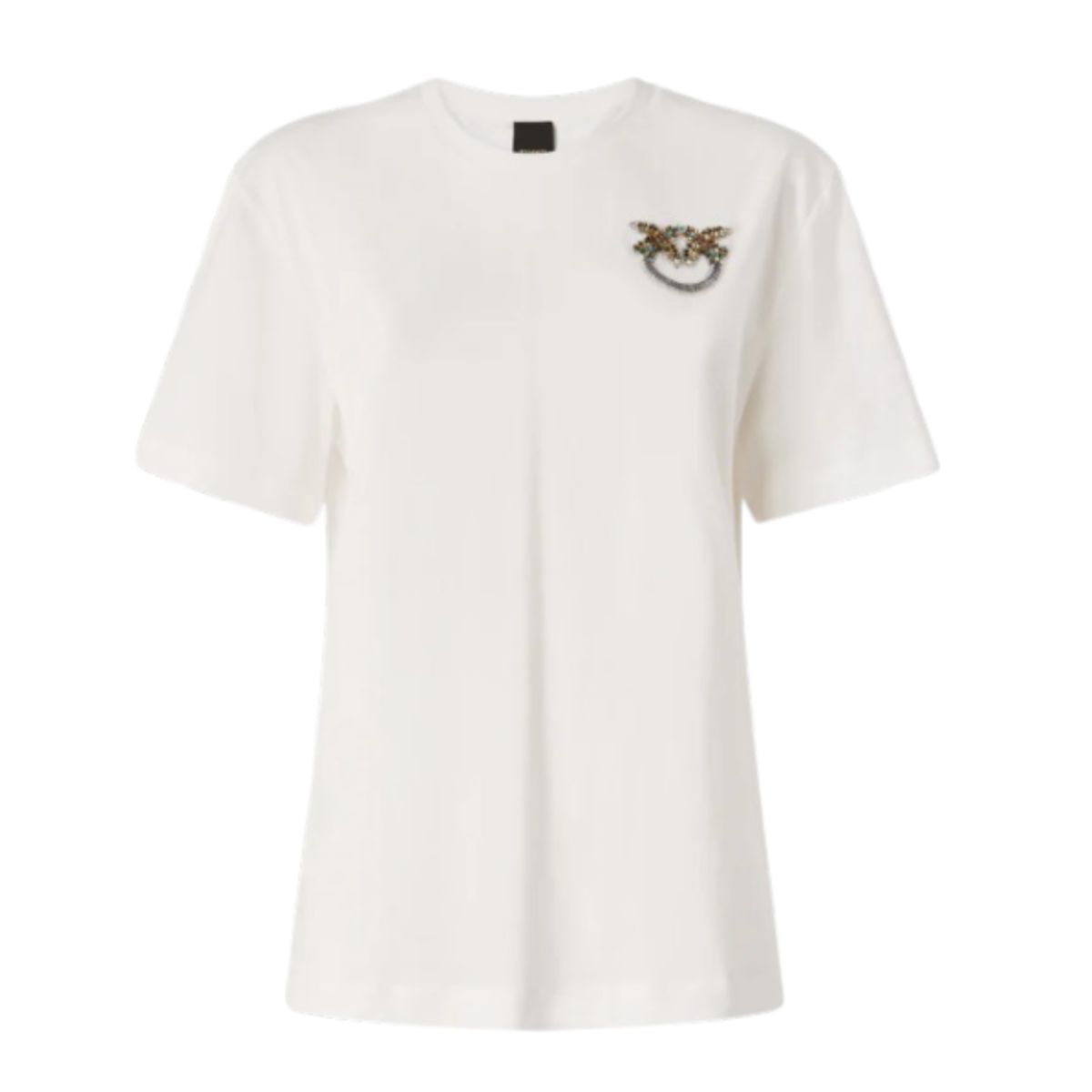 Pinko White Cotton T-Shirt with Love Birds Embroidery.