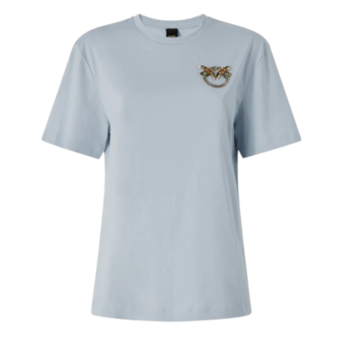 Pinko Light Blue Cotton T-Shirt with Love Birds Embroidery.