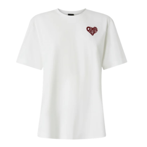 Pinko White Cotton T-Shirt with Heart Embroidery.