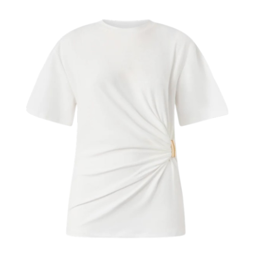 Pinko White Draped Cotton T-Shirt with Side Detail.