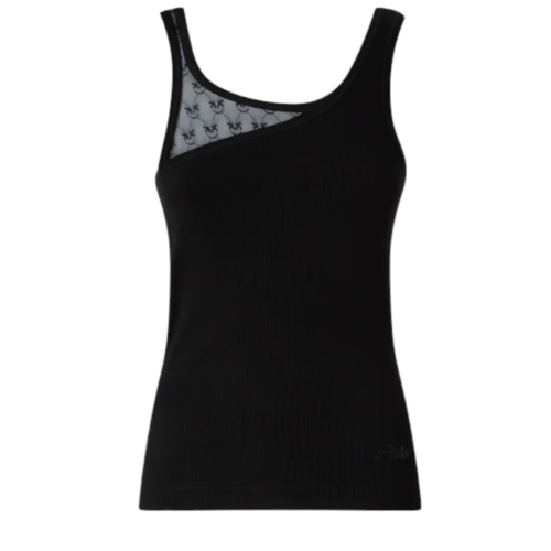 Pinko Black Asymmetric Tank Top with Sheer Detail.