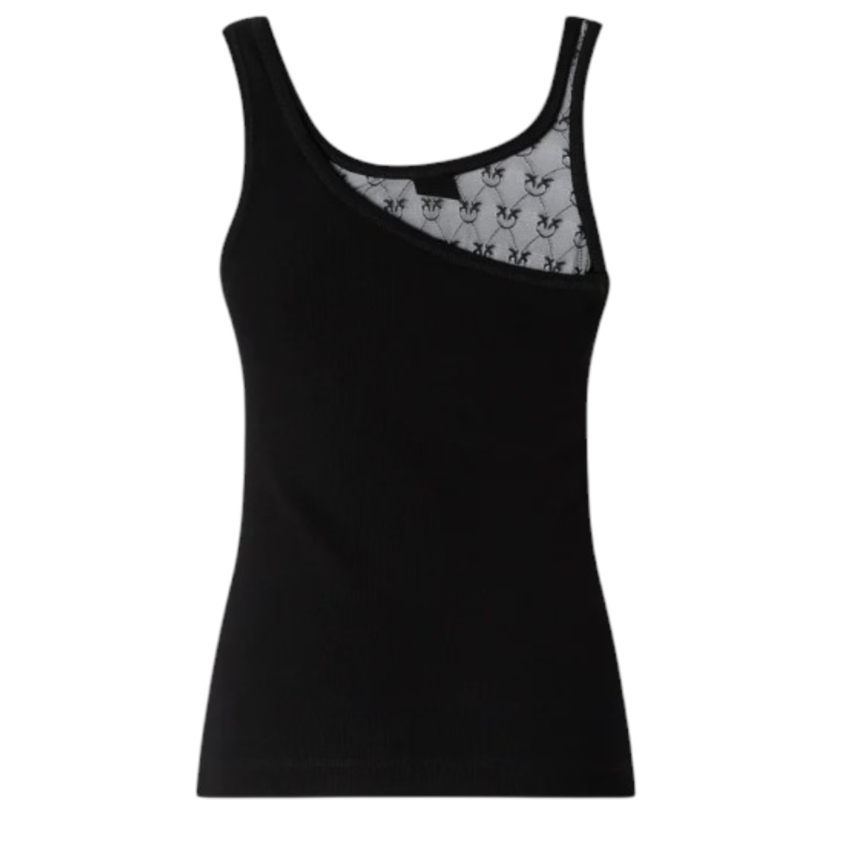 Pinko Black Asymmetric Tank Top with Sheer Detail.