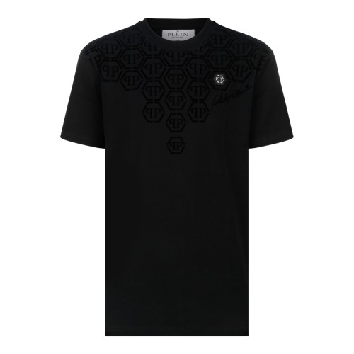 Philipp Plein Black Cotton T-Shirt with Embossed Logo Detail.