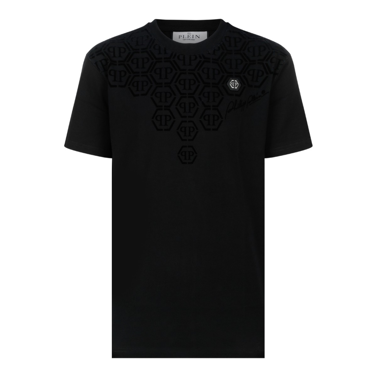 Philipp Plein Black Cotton T-Shirt with Embossed Logo Detail.