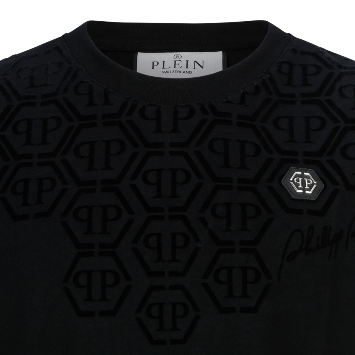 Philipp Plein Black Cotton T-Shirt with Embossed Logo Detail.