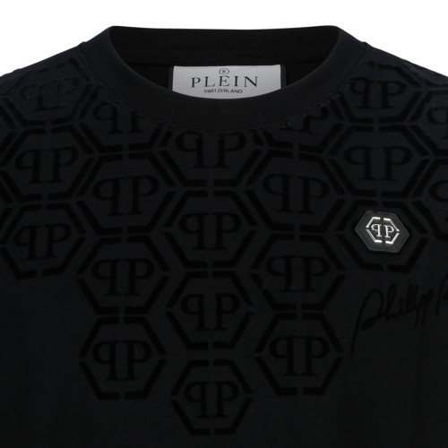 Philipp Plein Black Cotton T-Shirt with Embossed Logo Detail.