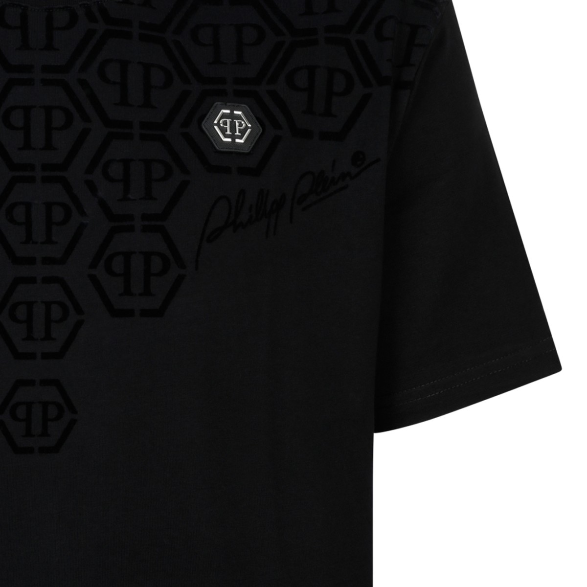 Philipp Plein Black Cotton T-Shirt with Embossed Logo Detail.