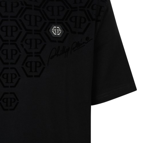 Philipp Plein Black Cotton T-Shirt with Embossed Logo Detail.