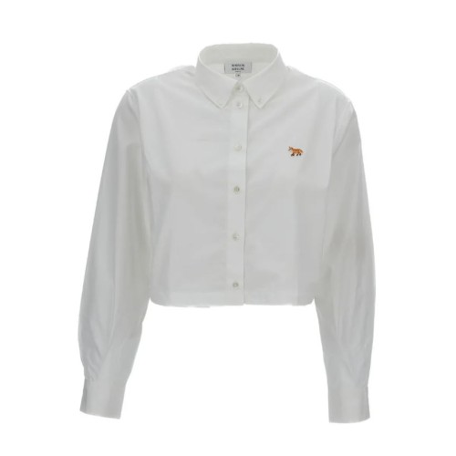 Maison Kitsun White Cropped Cotton Shirt with Fox Patch.
