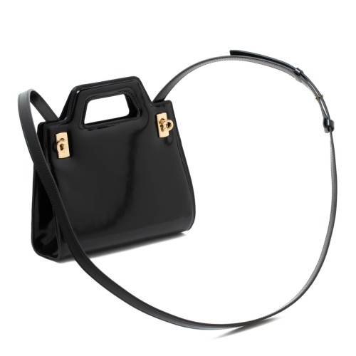 Ferragamo Black Leather Top-Handle Bag with Gancini Hardware. 
