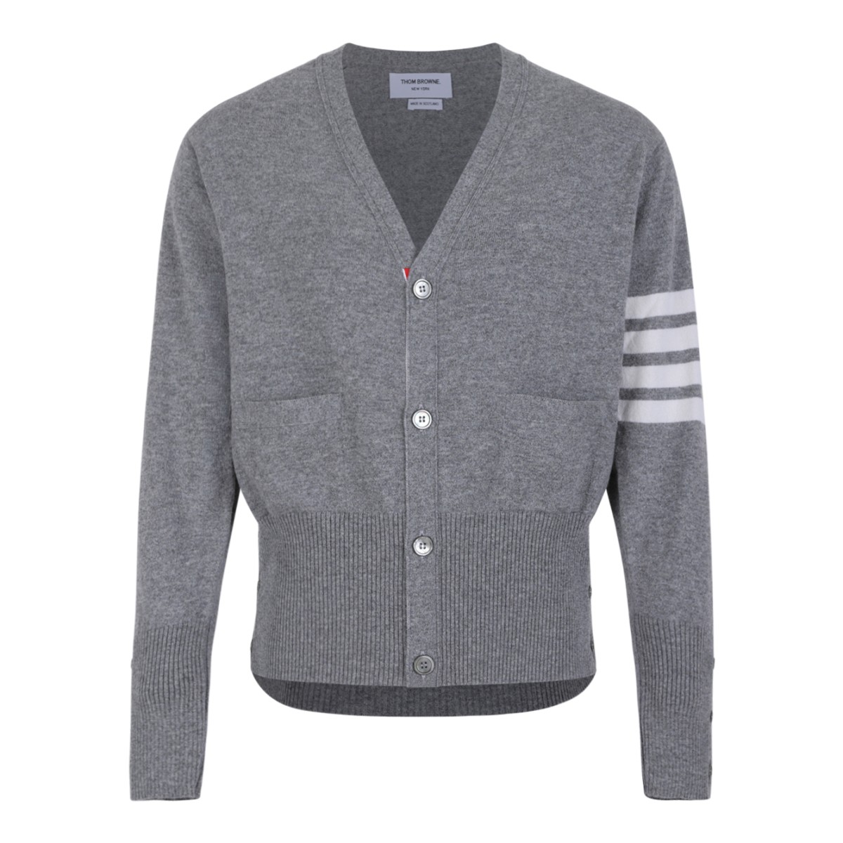 Thom Browne Grey Wool Cardigan with 4-Bar Detail.  
