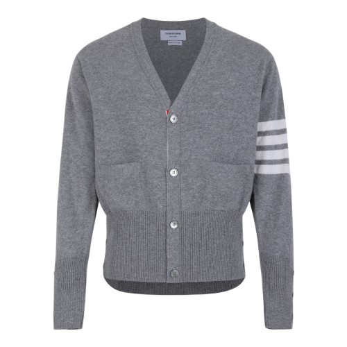Thom Browne Grey Wool Cardigan with 4-Bar Detail.  