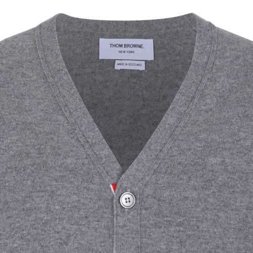 Thom Browne Grey Wool Cardigan with 4-Bar Detail.  