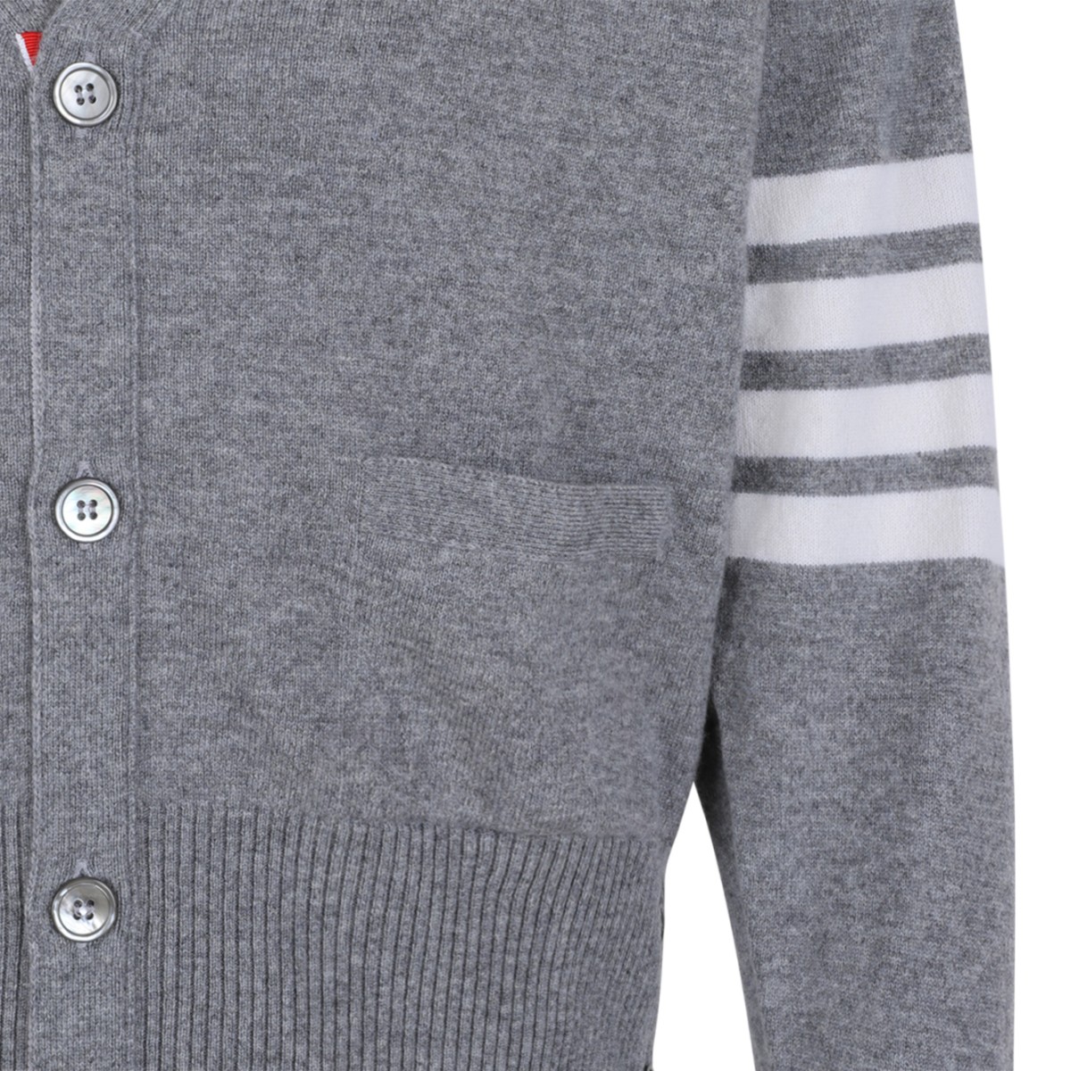 Thom Browne Grey Wool Cardigan with 4-Bar Detail.  