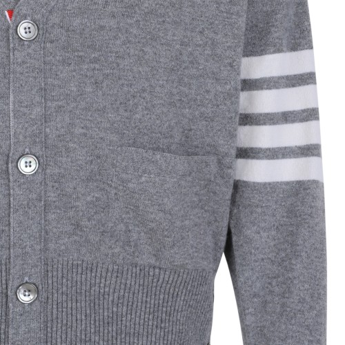 Thom Browne Grey Wool Cardigan with 4-Bar Detail.  