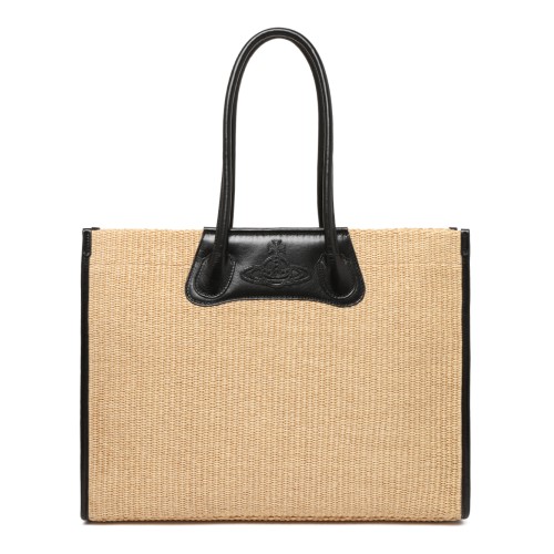 Vivienne Westwood Natural Raffia and Black Leather Tote Bag.