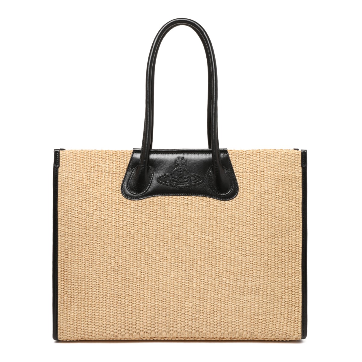 Vivienne Westwood Natural Raffia and Black Leather Tote Bag.