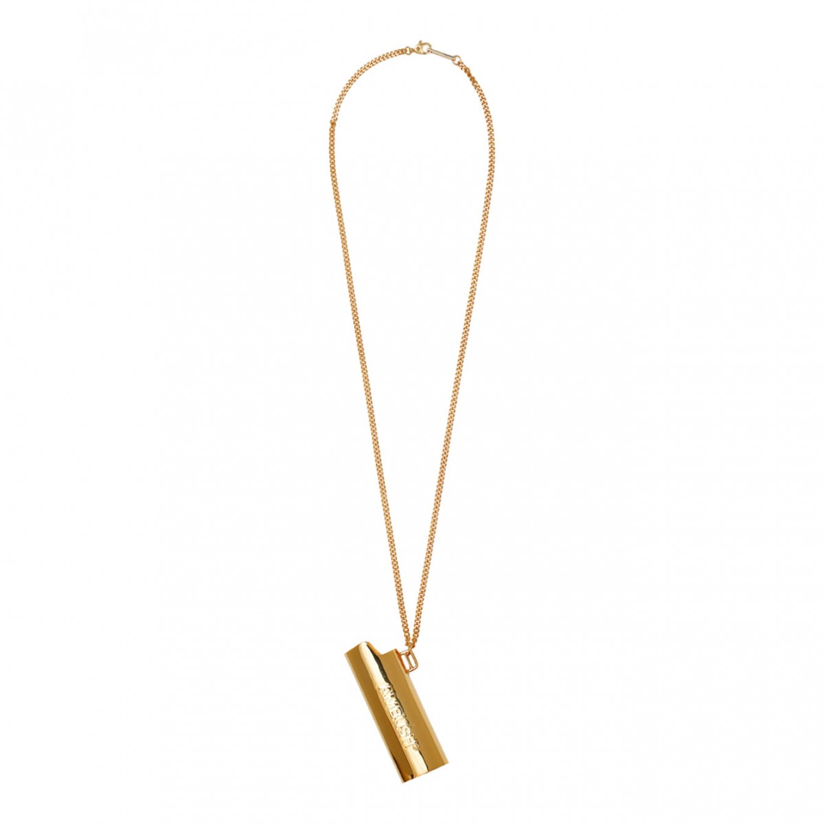 Gold Tone Logo Lighter Case Brass Necklace.