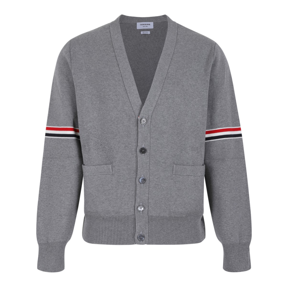Thom Browne Grey Wool Cardigan with Tricolor Stripe Detail.  