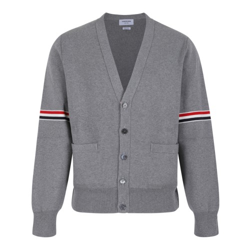 Thom Browne Grey Wool Cardigan with Tricolor Stripe Detail.  