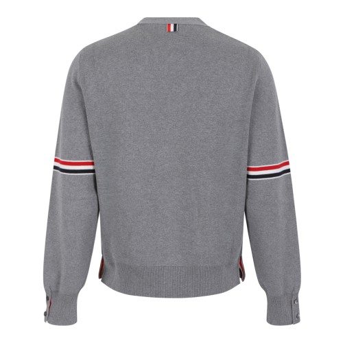 Thom Browne Grey Wool Cardigan with Tricolor Stripe Detail.   2