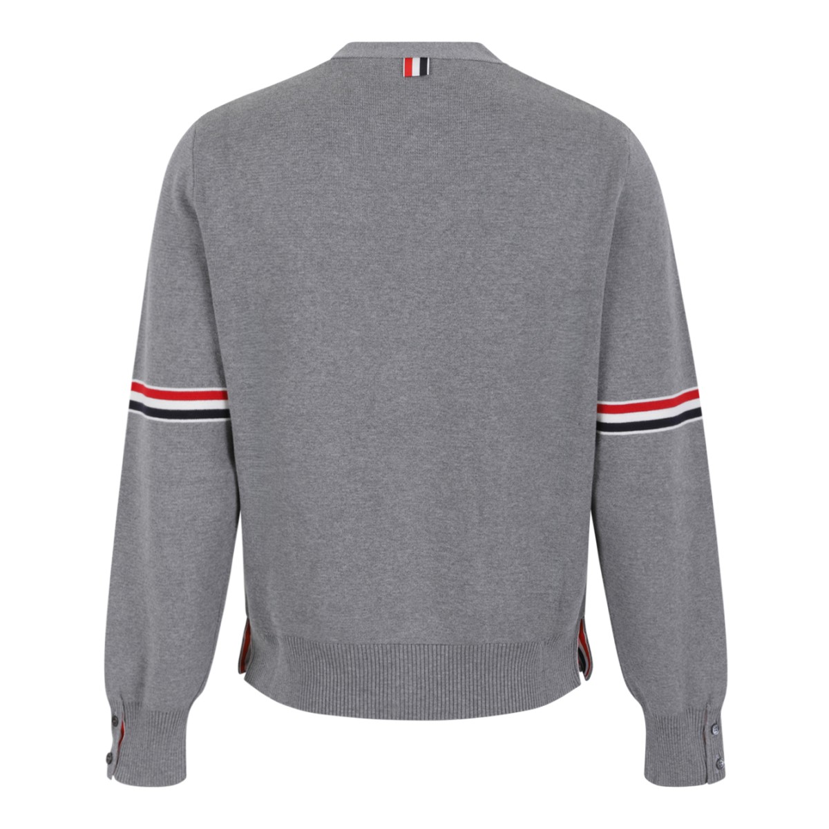 Thom Browne Grey Wool Cardigan with Tricolor Stripe Detail.  