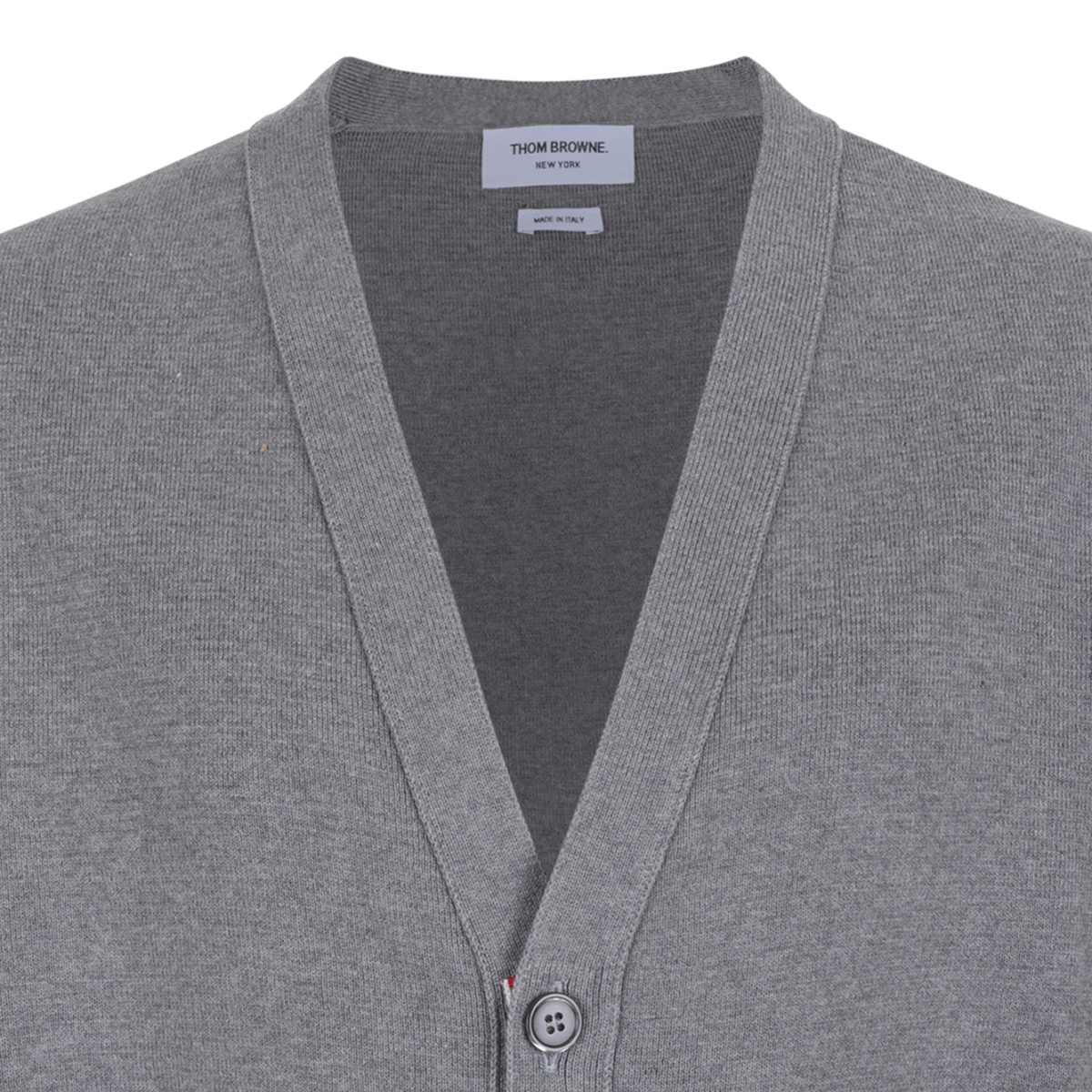 Thom Browne Grey Wool Cardigan with Tricolor Stripe Detail.  