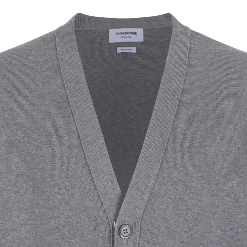 Thom Browne Grey Wool Cardigan with Tricolor Stripe Detail.  