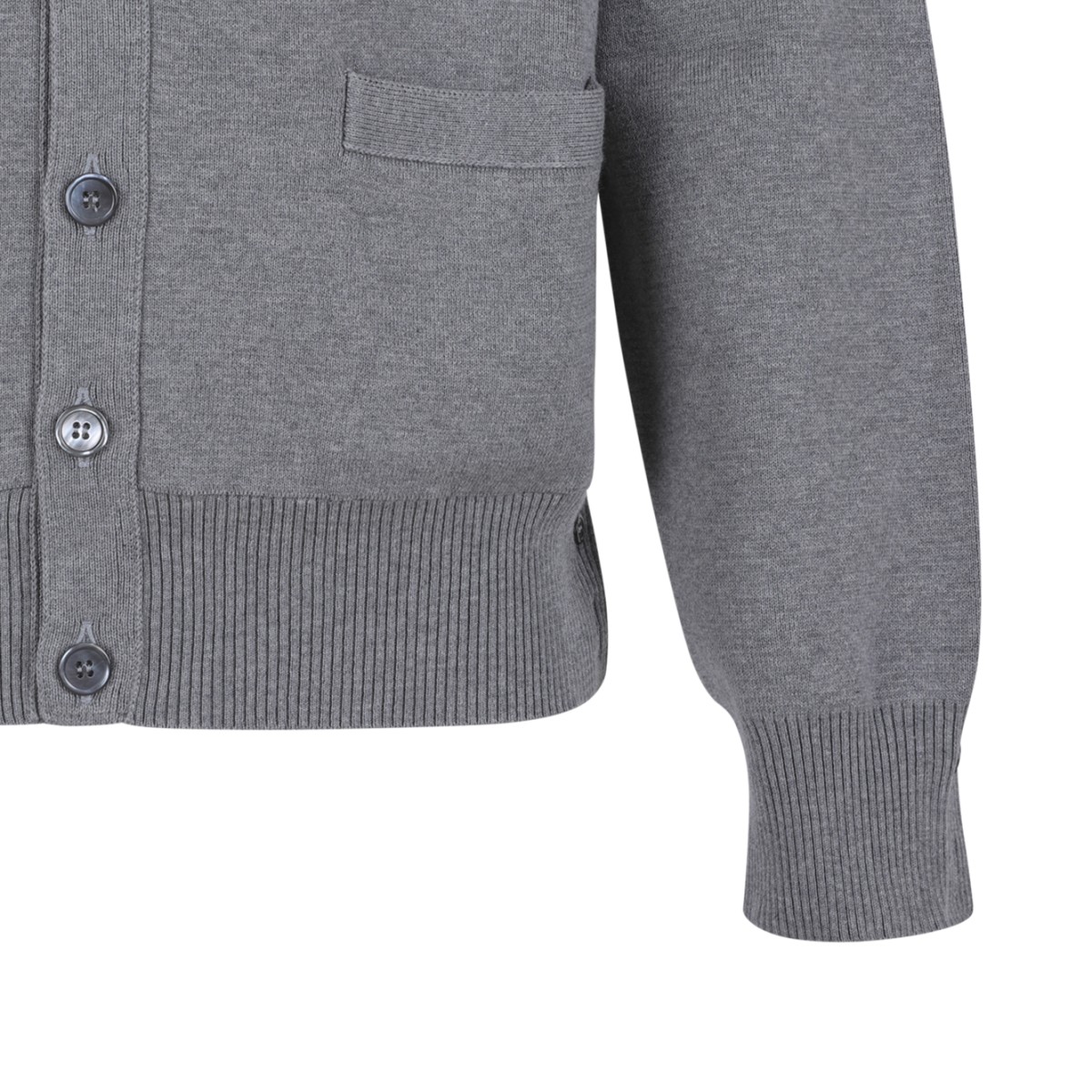 Thom Browne Grey Wool Cardigan with Tricolor Stripe Detail.  