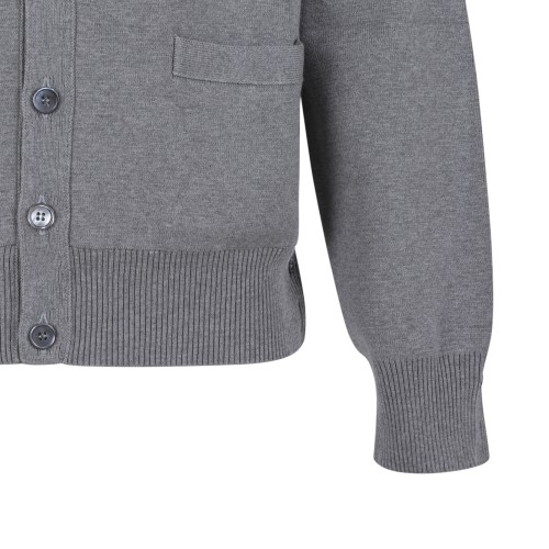 Thom Browne Grey Wool Cardigan with Tricolor Stripe Detail.  
