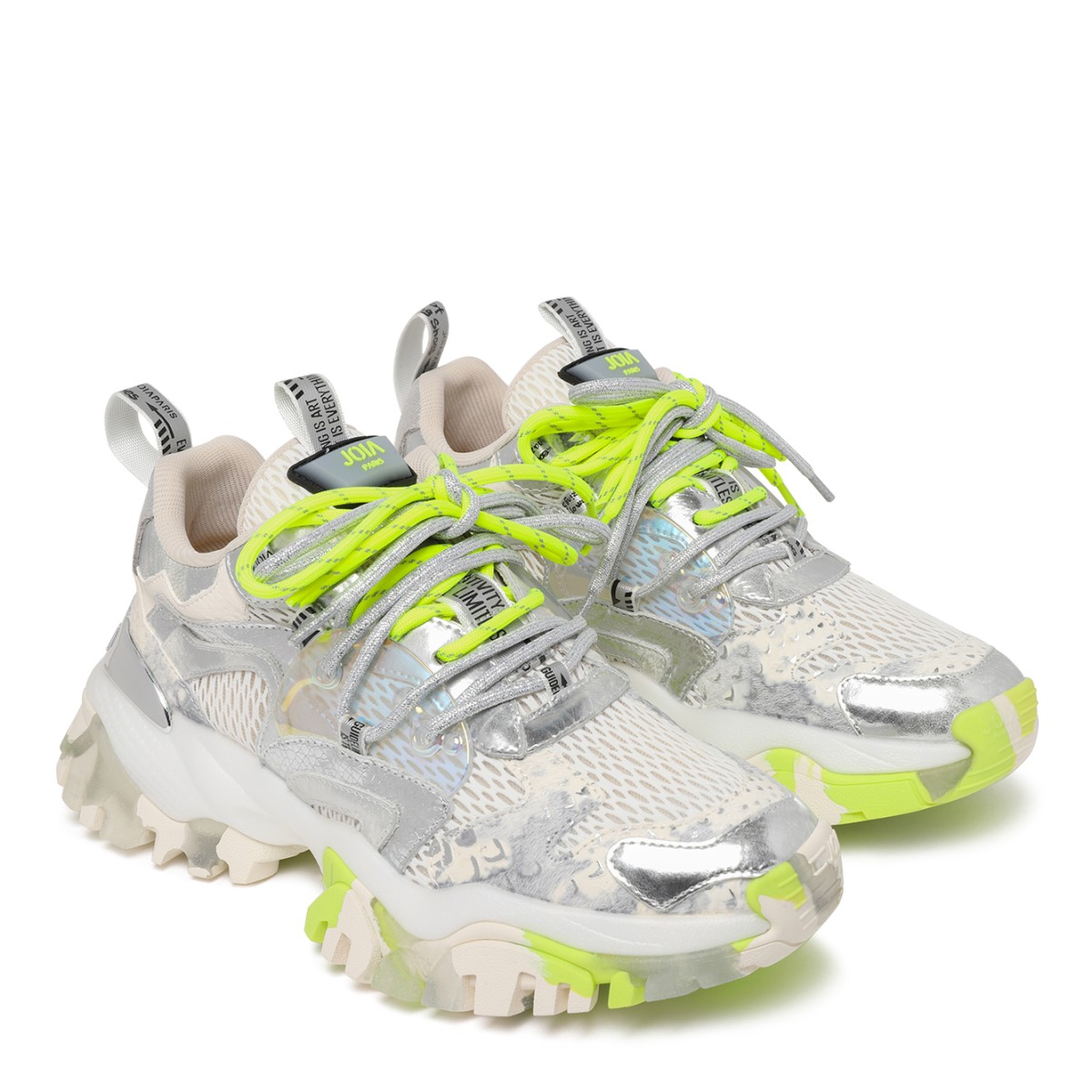 Joia Paris Grey and Neon Chunky Technical Sneakers.