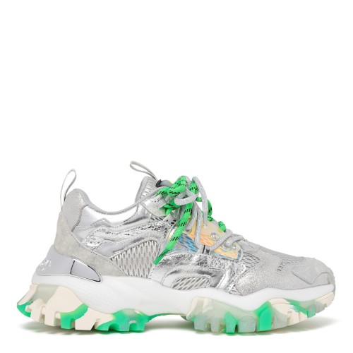 Joia Paris Grey and Green Chunky Technical Sneakers.